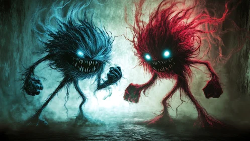 Blue and red furry monsters face off in eerie tunnel