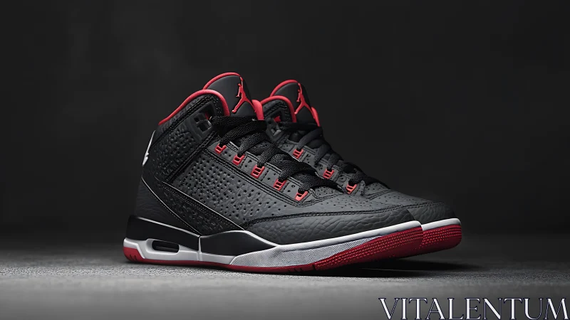 Black and red mid top basketball sneakers on dark background.