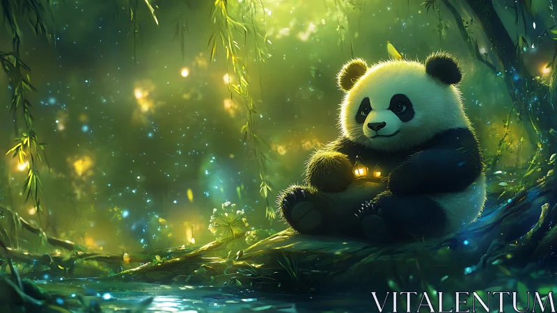 Digital panda illustration in luminous forest environment.