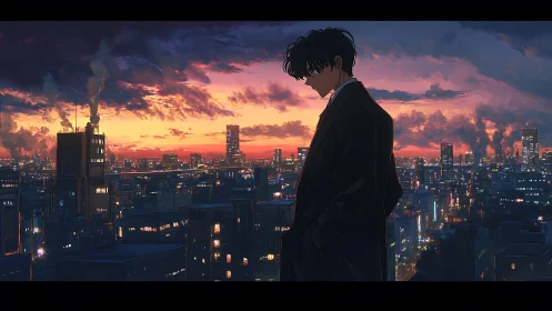 Solitary male figure above dense city at sunset skyline.