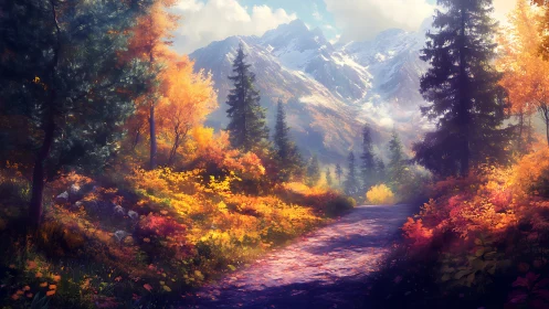 Autumn forest trail leads toward majestic snowcapped mountains.