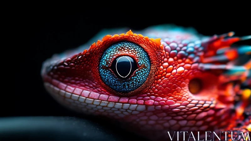 Vibrant reptile eye gleams with neon colors against darkness