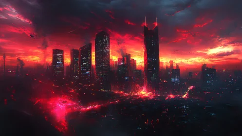 Cybernetic megacity under incendiary red stormfront sky.