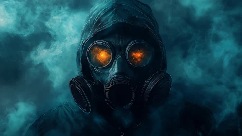 Gas-masked figure with fiery eyes emerges from toxic fog.