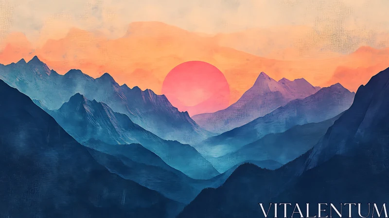 Layered blue mountains with large pink sun at sunset sky