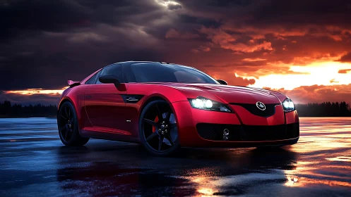 Crimson sports coupe prowls neon-wet asphalt at stormy dusk.