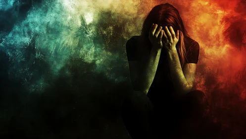 Sad woman in emotional distress, abstract colorful background.