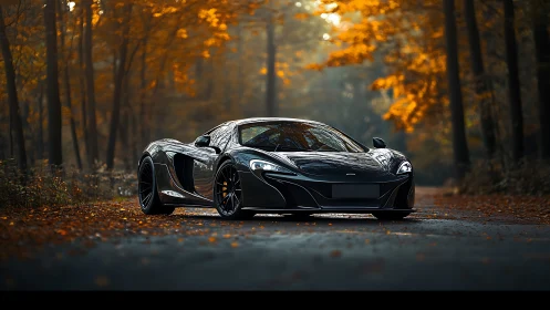 Black supercar parked on forest road in autumn light.