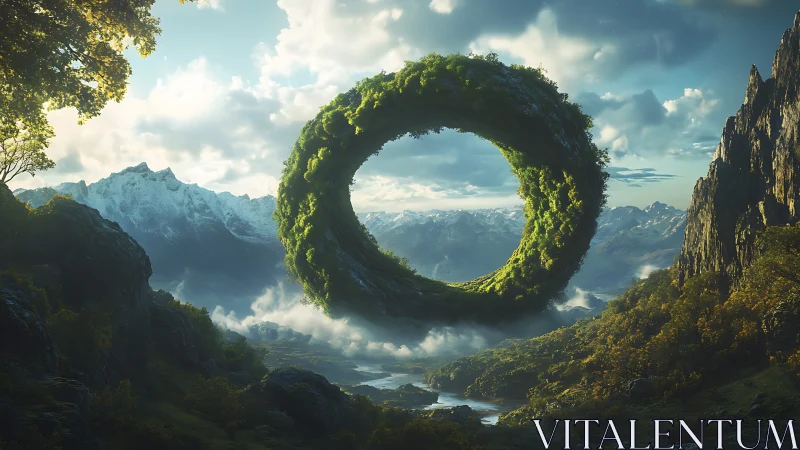 Levitation of moss ring over alpine valley under soft daylight.