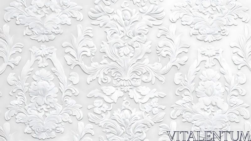 Ornate white floral relief pattern with elegant baroque scrolls.