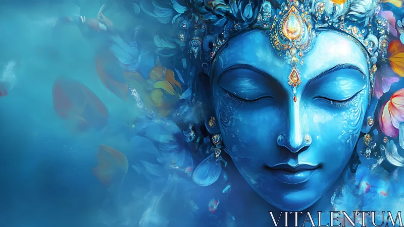 Serene blue deity portrait with jeweled crown and petals.