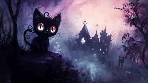 Black cat sits on rock before misty gothic castle at dusk