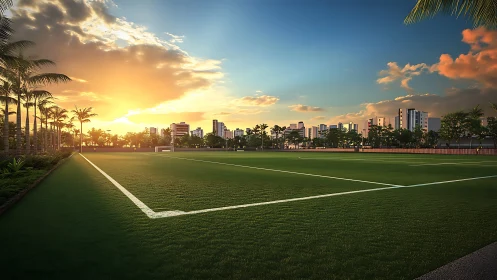 Sunlit city soccer field inviting quiet pre-game moments.