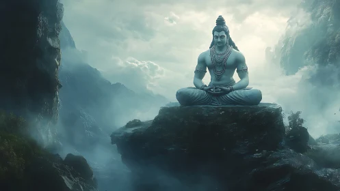 Serene mountain deity statue meditates above misty clouds.