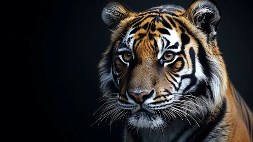 Tiger portrait glows against dark backdrop with intense gaze