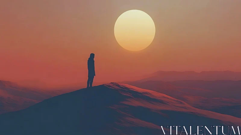 Solitary figure on dusk ridge under oversized sun.