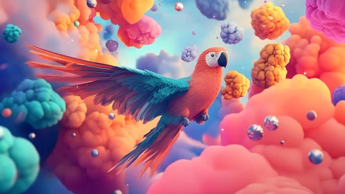 Vivid macaw gliding through surreal neon cloudscape.