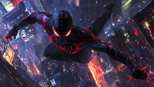 Neon city rooftop hero slicing through the midnight sky.