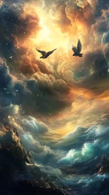 Storm-lashed ocean vortex under radiant celestial break.