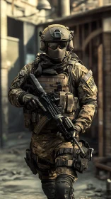 Tactical operator in urban AO with modular combat loadout.