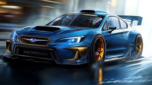 Blue street racer slicing through neon night rainstorm.