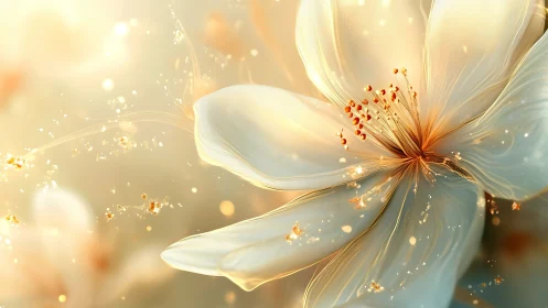 White Petaled Flower with Golden Stamen and Sparkle Effect.