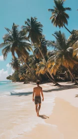 Shirtless man walking shoreline beneath leaning tropical palms