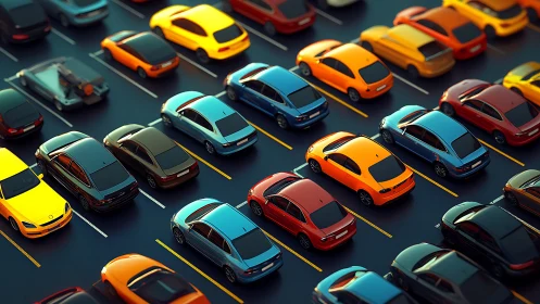 High-density parking grid of glossy sedans in vivid colors