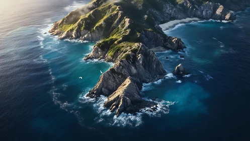 Aerial coastal landscape showing moss-covered cliffs meeting turbulent ocean