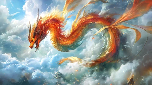 Celestial ember dragon curls through storm-brightened clouds