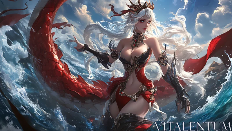 Oceanic dragon queen commands stormy waves in battle