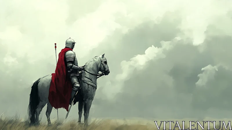 Lone armored knight on horseback beneath looming storm clouds.