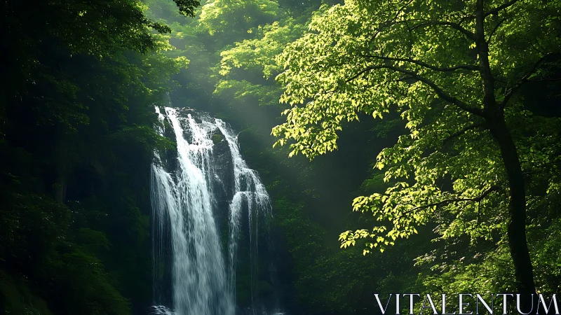 Sunlit forest waterfall cascades through lush green foliage.