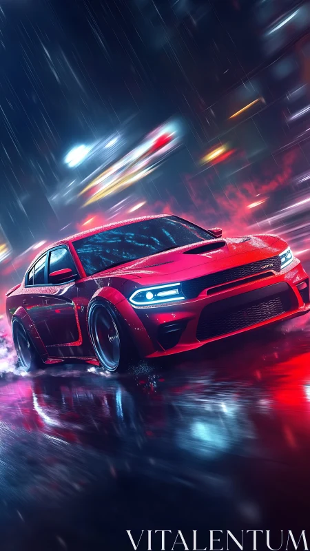 Red sports sedan drifts on wet neon city street at night