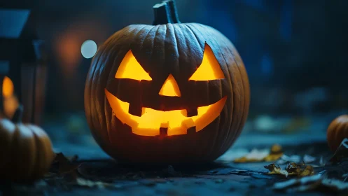 Lit carved pumpkin jack o lantern sits on ground at night