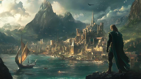 Lone traveler quietly greets a glowing fantasy harbor city