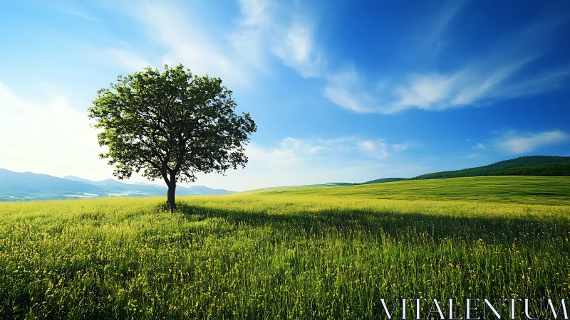 Solitary meadow tree basking beneath an endless summer sky.