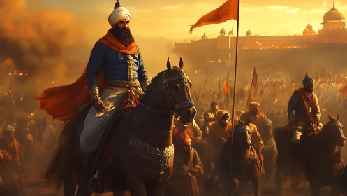 Stirring warrior on horseback leads a proud golden-lit army