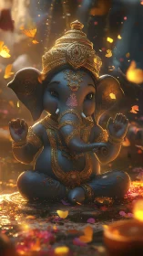 Golden-lit baby Ganesha quietly gathers falling petals