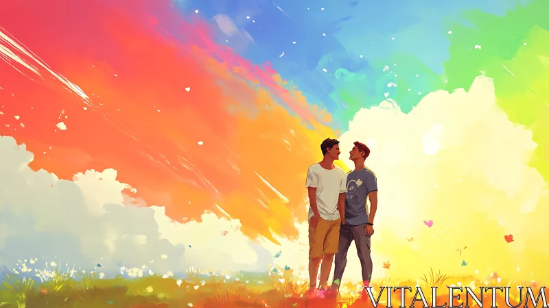 Two men standing in colorful gradient sky landscape