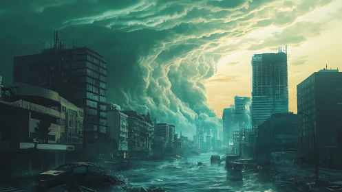 Storm front advances over flooded urban street in ruins