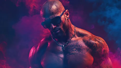 Cyberpunk neon portrait of muscular tattooed man in smoke haze.