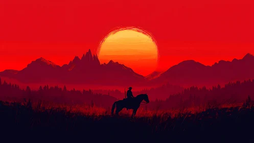 Lone rider silhouetted at crimson sunset over wild peaks.