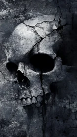 Cracked monochrome skull relief embedded in distressed stone wall