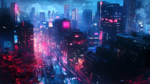 Neon-lit cyberpunk megacity rendered in rain-soaked perspective