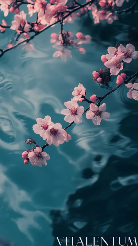 Cherry Blossoms Float Dreamily Above Turquoise Waters