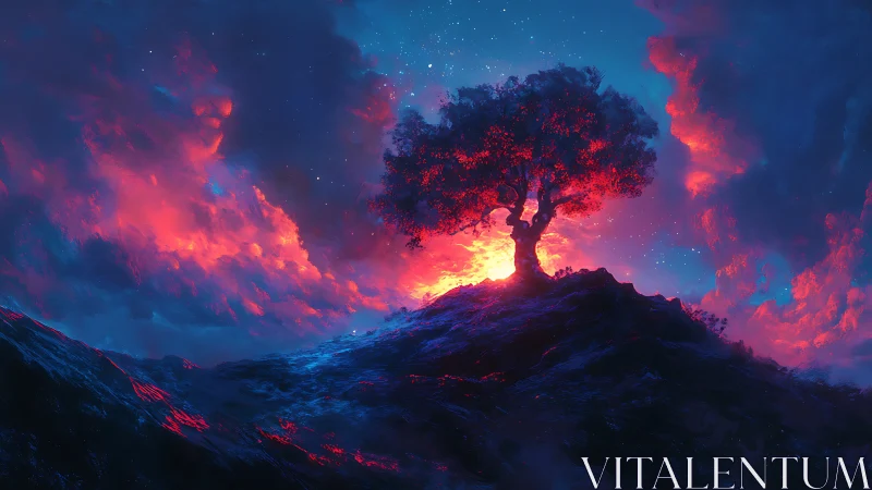 Radiant lone tree glowing against a dreamy twilight sky.