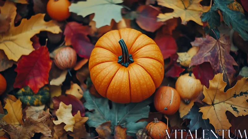 Pumpkin jewel glows in a swirling quilt of autumn leaves.