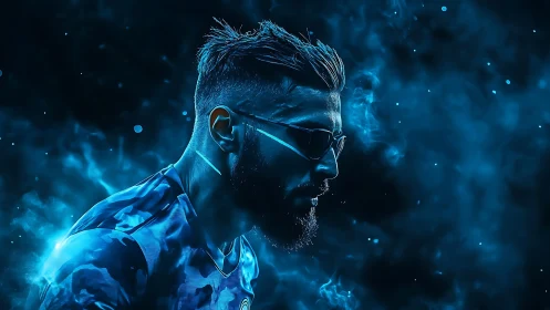Stylized male athlete in blue neon smoke profile view.