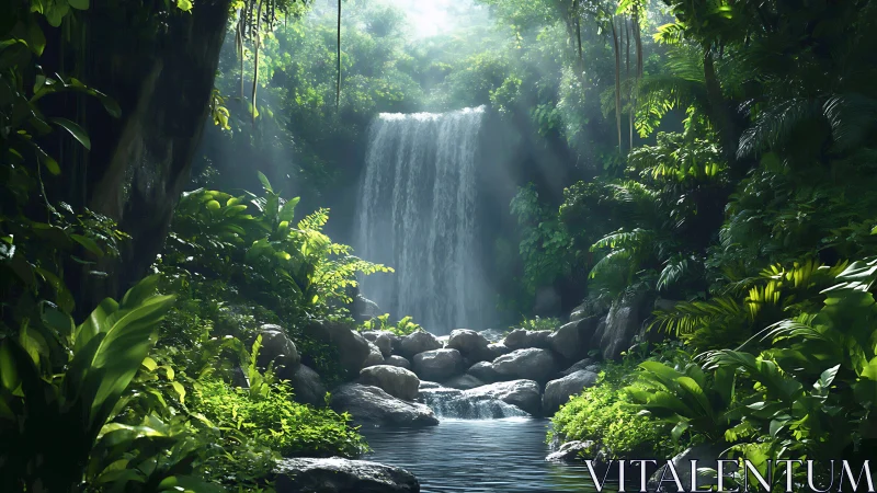 Tropical waterfall with vegetation and pool.